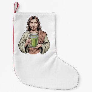 Petite Chaussette De Noël Jésus tenant un boisson verte Matcha chrétien