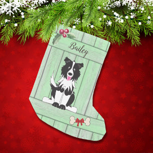Petite Chaussette De Noël Joli Bordure Collie Vert Bois clôture Monogramme