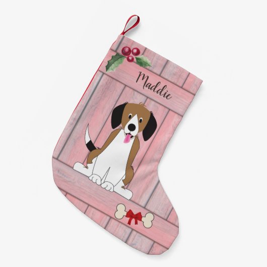 Petite Chaussette De Noël Joli chien Beagle fille en bois rose Monogramme (Devant (Accrochage))