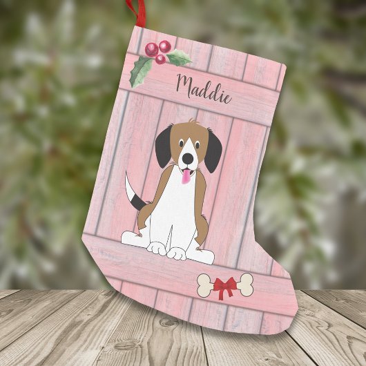 Petite Chaussette De Noël Joli chien Beagle fille en bois rose Monogramme