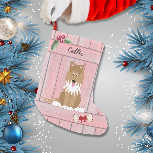 Petite Chaussette De Noël Joli Collie Chien Rose en bois clôture Monogramme