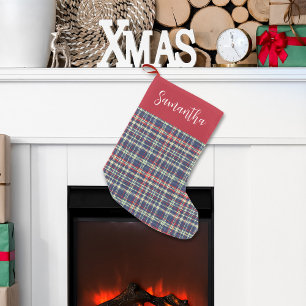 Petite Chaussette De Noël Joli motif à carreaux bleu marine et écriture call