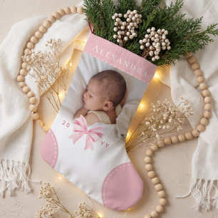 Petite Chaussette De Noël Joli Nœud Rose Nom & Photo Premier Noël de Bébé