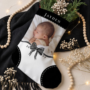 Petite Chaussette De Noël Joli Nom de Ruban Noir & Photo Bébé Premier Noël