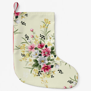 Petite Chaussette De Noël joli rose gris et jaune fleurs avec congé vert