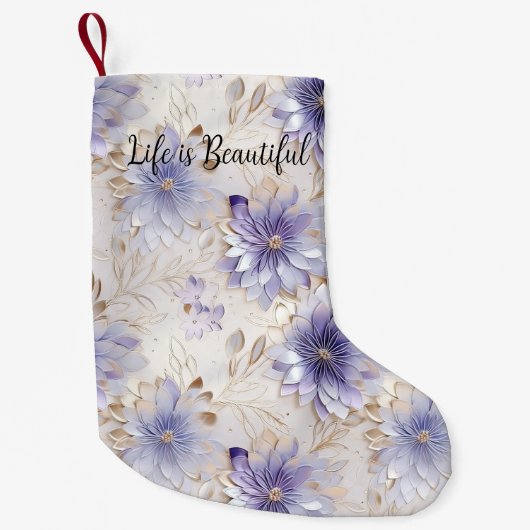 Petite Chaussette De Noël Jolie perle d'or violet Fleurs blanches (Devant)
