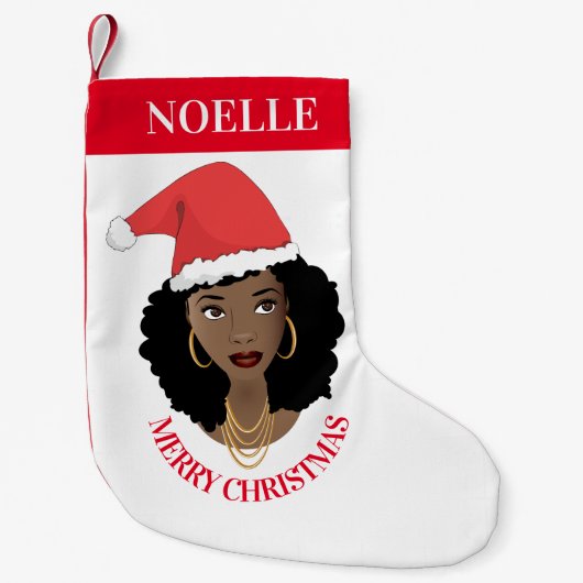 Petite Chaussette De Noël Joyeux Noël, Femme noire, Chapeau rouge, Rouge (Devant)
