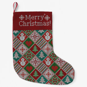 Petite Chaussette De Noël Joyeux Noël Rouge Vert Blanc Faux Knit Motif