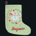Petite Chaussette De Noël Joyeux Noël vert Snowman<br><div class="desc">Cette réserve est accompagnée d'un joyeux bonhomme de neige. Personnalisez-le avec un nom.</div>