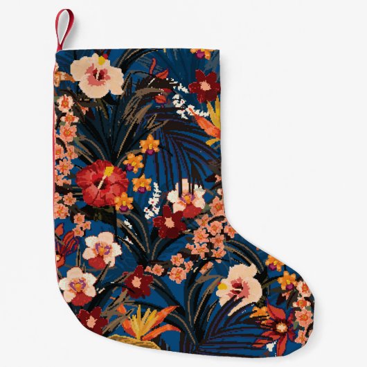 Petite Chaussette De Noël Jungle Chic : Bleu foncé Exotique. (Devant)