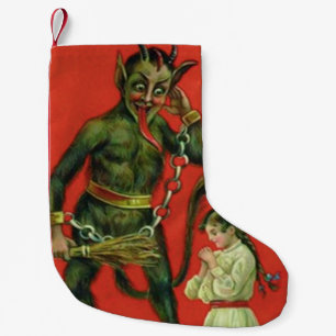 Petite Chaussette De Noël Krampus rouge punissant une fille priant