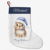 Petite Chaussette De Noël Lapin en Père Noël bleu Casquette Personnalisé (Devant)