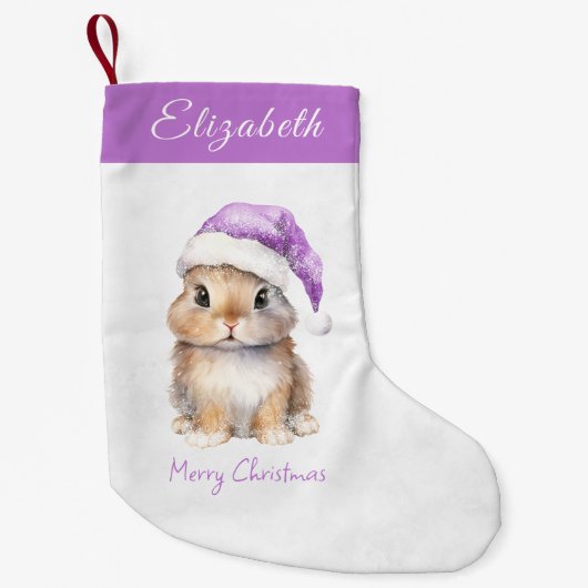 Petite Chaussette De Noël Lapin en Père Noël violet Casquette Personnalisé (Devant)