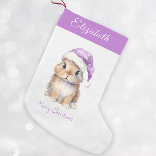 Petite Chaussette De Noël Lapin en Père Noël violet Casquette Personnalisé