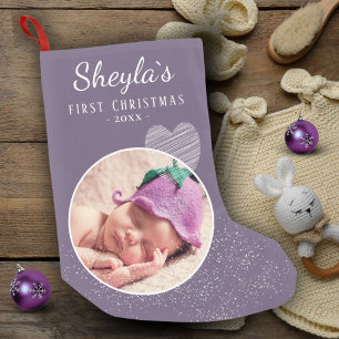 Petite Chaussette De Noël Lavender Purple Baby`s First Christmas Heart Photo