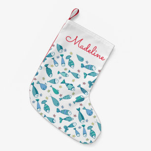Petite Chaussette De Noël Le motif avec des poissons et les étoiles de mer  