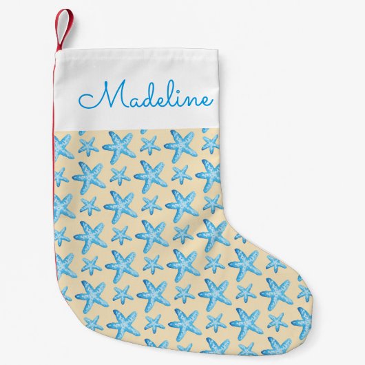 Petite Chaussette De Noël Le motif bleu | d'étoiles de mer d'aquarelle (Devant)