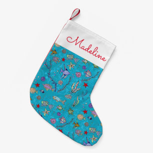 Petite Chaussette De Noël Le motif de poissons de turquoise ajoutent votre