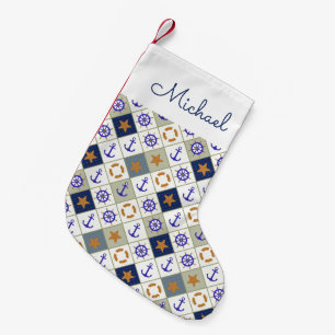 Petite Chaussette De Noël Le motif de thème de mer ajoutent votre nom