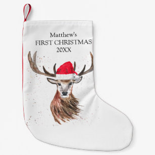 Petite Chaussette De Noël Le premier Noël de bébé Cerf Aquarelle Forêt Garço