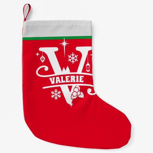 Petite Chaussette De Noël Lettre V Monogramme de Noël Nom initial Rouge Blan (Devant)