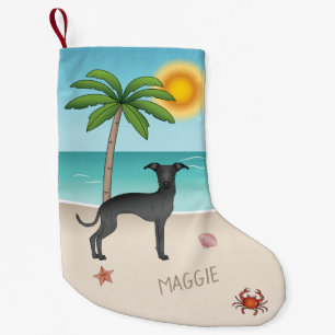 Petite Chaussette De Noël Lévrier Italien Noir à la Plage Tropicale d'Été