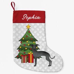 Petite Chaussette De Noël Lévrier Italien Noir avec un Sapin de Noël