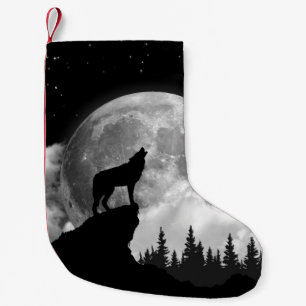 Petite Chaussette De Noël Loup noir et blanc hurlant sur la lune