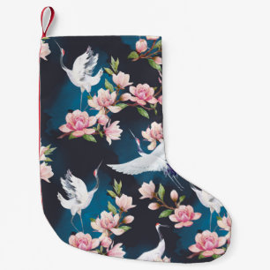 Petite Chaussette De Noël Magnolia Grue Rouge : Aquarelle Japonaise.