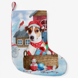 Petite Chaussette De Noël Maison de Noël pour chien Jack Russell dans la nei