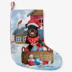 Petite Chaussette De Noël Maison de Noël pour chien Rottweiler dans la neige