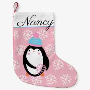 Petite Chaussette De Noël Manchot adorable tenant des flocons de neige