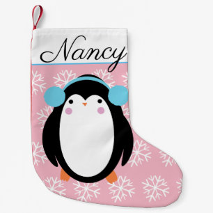 Petite Chaussette De Noël Manchot grassouillet adorable avec flocons de neig