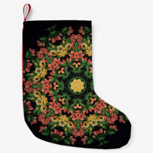 Petite Chaussette De Noël Mandala floral : rouge, vintage jaune.