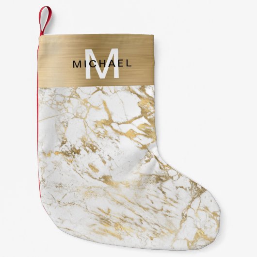 Petite Chaussette De Noël Marbre blanc métallique Monogram Gold (Devant)