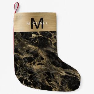 Petite Chaussette De Noël Marbre Noir Métallisé Or Monogramme
