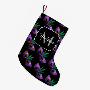 Petite Chaussette De Noël Mardi Gras Masque violet vert or étincelle Monogra