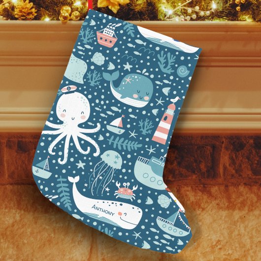 Petite Chaussette De Noël Marine Bleu et blanc Motif de l'océan marin