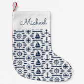 Petite Chaussette De Noël Maritime En Motif Bleu| Ajouter votre nom (Devant)
