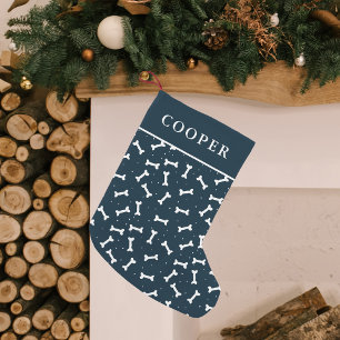 Petite Chaussette De Noël Mignon motif os de chien bleu marine et blanc pers