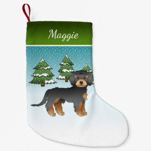 Petite Chaussette De Noël Mini Goldendoodle noir et fauve - Forêt d'hiver