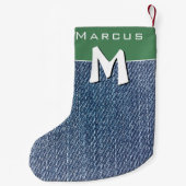 Petite Chaussette De Noël Moderne Bleu Denim Jeans Monogramme Nom Enfants (Dos)