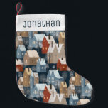 Petite Chaussette De Noël Moderne Cute Nordic Whimsical Winter Night Town<br><div class="desc">Nom personnalisable avec le motif moderne nordique des maisons douillettes peintes à la main et des arbres enneigés dans la nuit d'hiver dans les couleurs bleu,  rouge,  blanc et beige.</div>