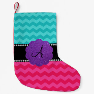 Petite Chaussette De Noël Monogramme carreau de chevrons rose turquoise
