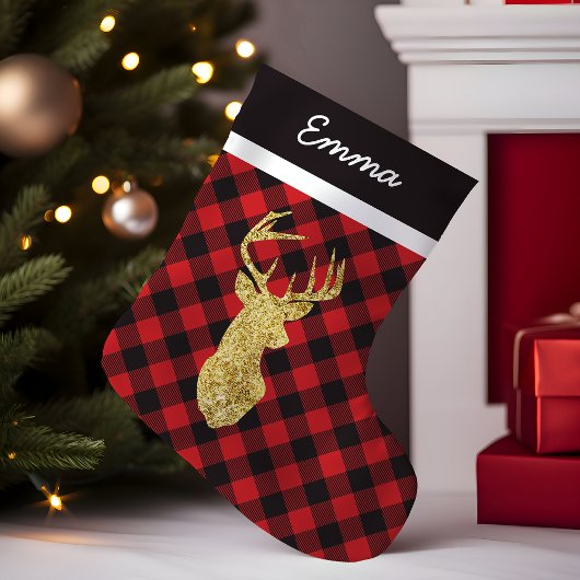 Petite Chaussette De Noël Monogramme de bison Plaid Gold Deer
