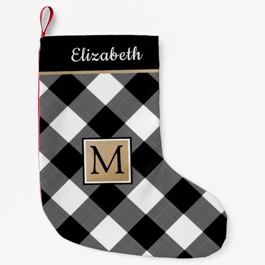 Petite Chaussette De Noël Monogramme de contrôle du bison noir et blanc (Devant)