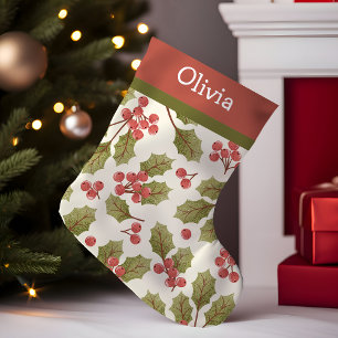 Petite Chaussette De Noël Monogramme de feuilles de houx à l'aquarelle pour 