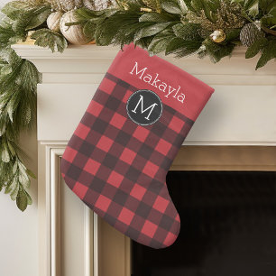 Petite Chaussette De Noël Monogramme de Motif de Buffle Noir Rouge Rustique