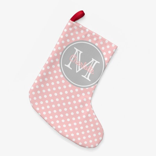 Petite Chaussette De Noël Monogramme de point de polka de gris de roses (Devant (Accrochage))