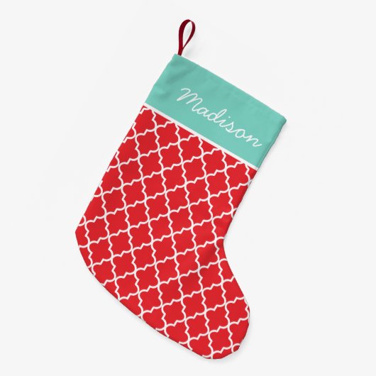 Petite Chaussette De Noël Monogramme de quadrilatère moderne rouge et aqua (Devant (Accrochage))